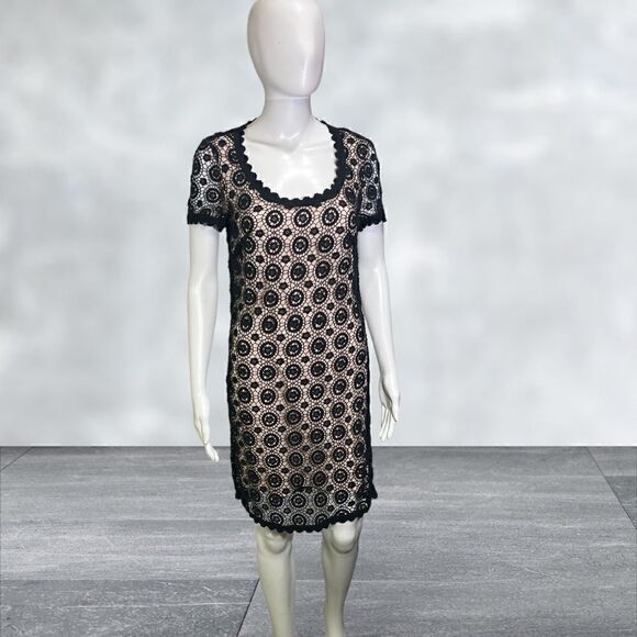 French Connection Short Sleeve Black Over Nude Crochet Dress - Picture 1 of 6